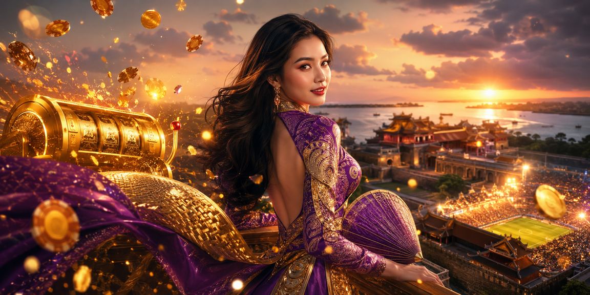 Người chơi Slot tại Huế với giao diện game trên điện thoại, nón lá truyền thống trong khung cảnh